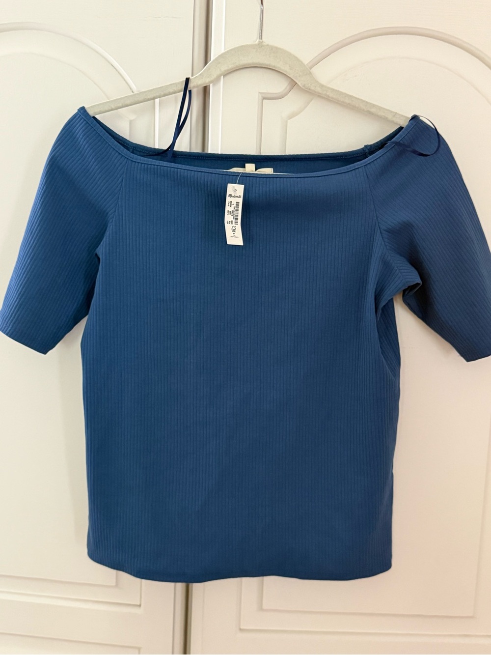 New Madewell Off Shoulder Tee Shirt in Sleekhold Dark Mediterranean Blue L NWT - Picture 2 of 6